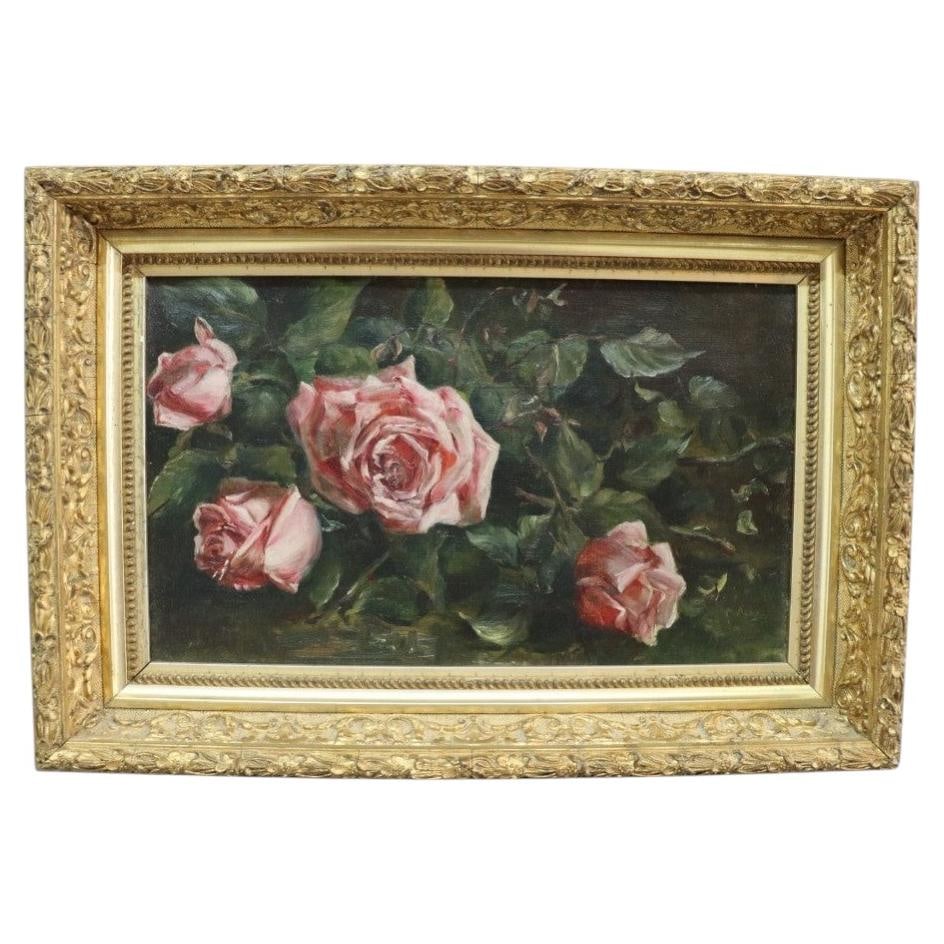 Late Victorian Rose Still Life Oil Painting in Gilt Wood Frame: Late Victorian Rose Still Life Oil Painting in Gilt Wood Frame This antique oil on canvas painting, dating to around 1890, features a beautifully rendered still life of pink roses set against a dark b
