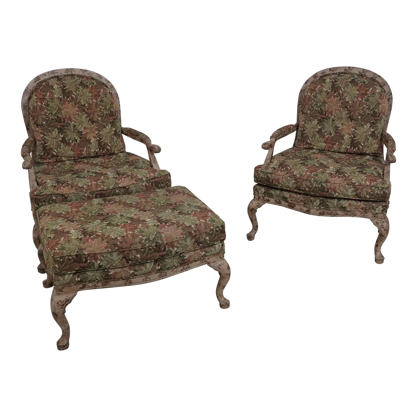 Wesley Hall Distressed Tapestry Chair and Ottoman Set 3 Pieces: Wesley Hall Distressed Tapestry Chair and Ottoman Set 3 Pieces Enhance your living space with this stunning set of Wesley Hall Tapestry Chairs and Ottoman, featuring a charming factory distressed pain