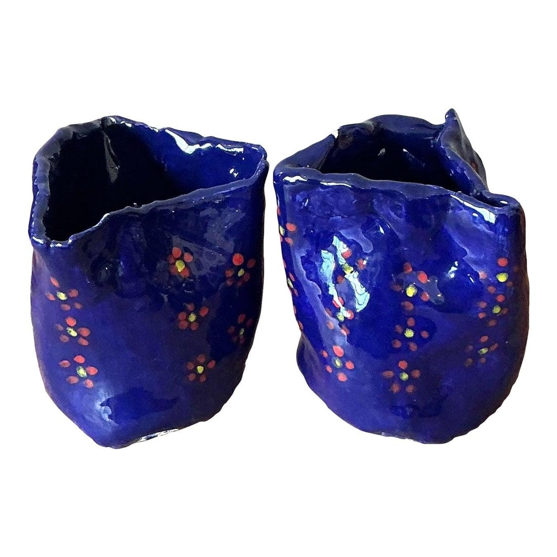 Mid-Century Boho Studio Pottery Vases Set of 2 Indigo Blue: Mid-Century Boho Studio Pottery Vases Set of 2 Indigo Blue This stunning pair of petite vintage studio pottery vases features highly textured, expressive forms with intentionally uneven rims, embodyin