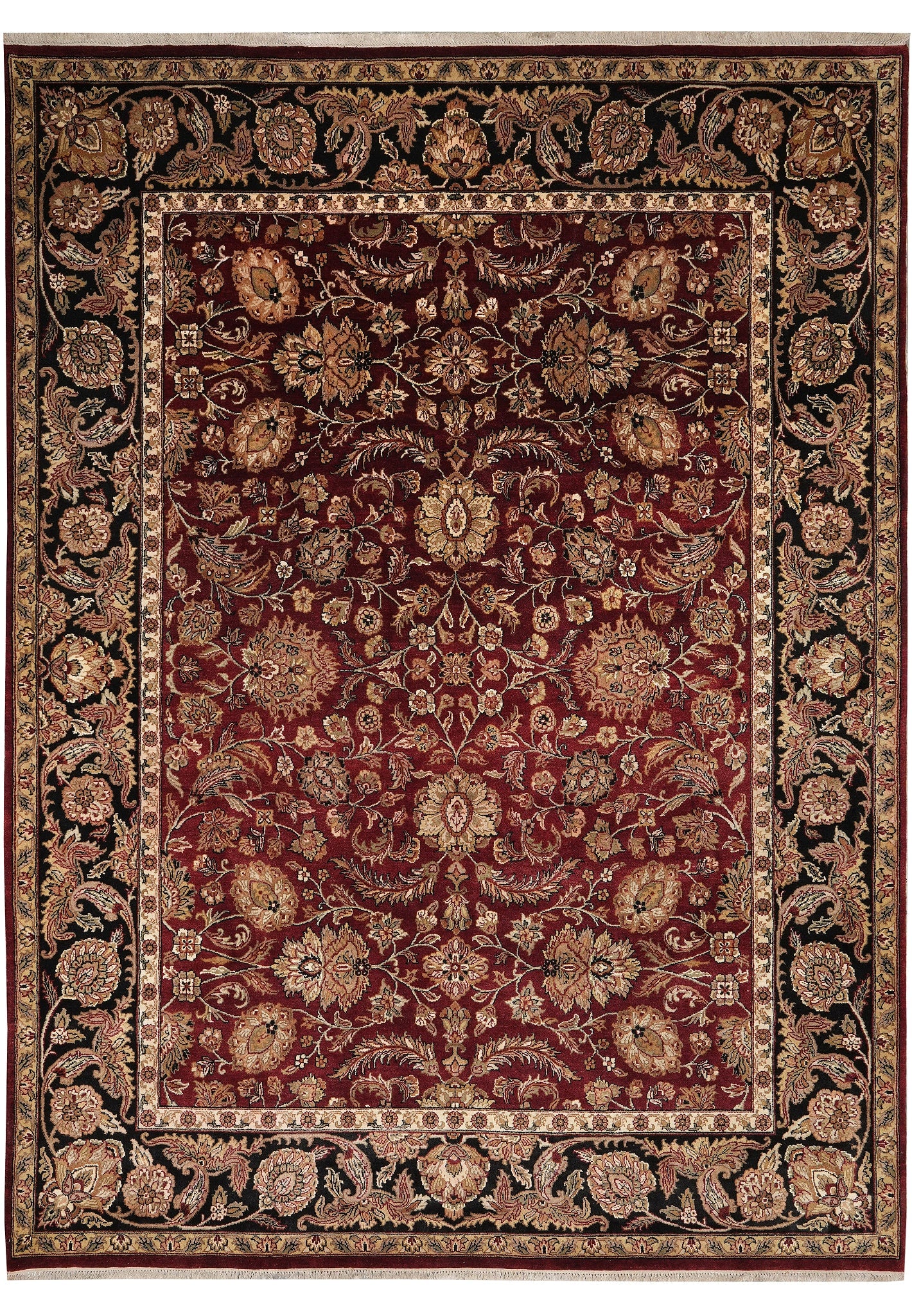9 x 12 Handmade Jaipur Rug Dense Lustrous Wool Burgundy Black Floral: 9 x 12 Handmade Jaipur Rug Dense Lustrous Wool Burgundy Black Floral Free continental US Shipping This 9 x 12 handmade Jaipur rug features dense, lustrous wool in a rich burgundy background with deep 