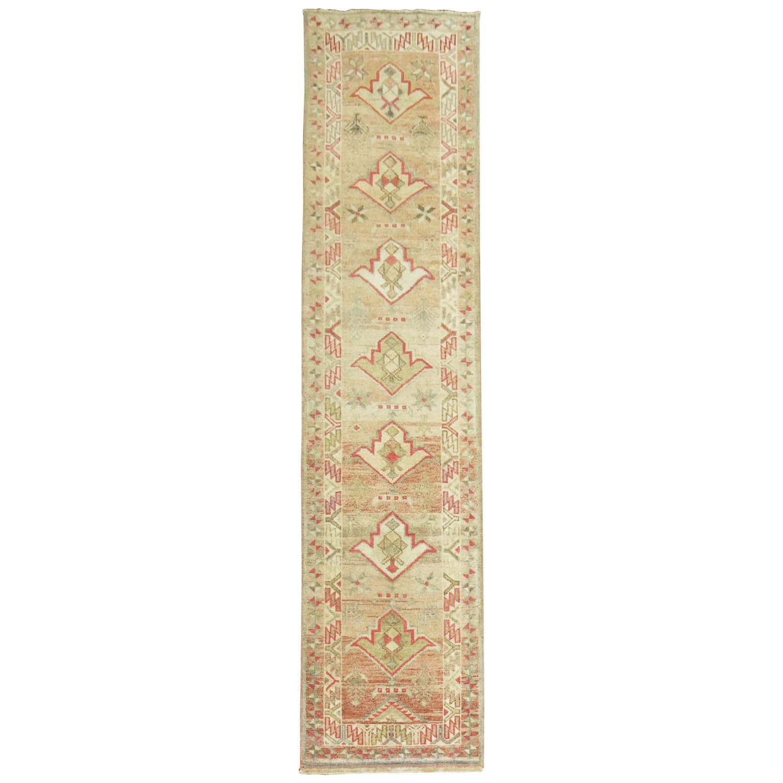Zabihi Collection Hand-Woven Turkish Anatolian Runner 34x146 Wool: Zabihi Collection Hand-Woven Turkish Anatolian Runner 34x146 Wool This exquisite Turkish Anatolian runner features a simple multi medallion motif set against a warm camel ground, embodying the charm