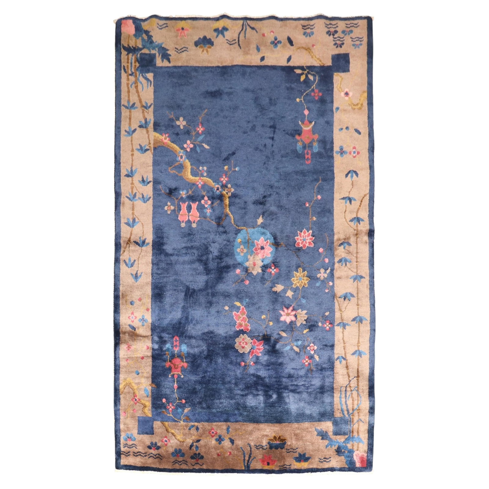 Hand Knotted Wool Chinese Chippendale Rug 4' x 6'7'' Blue: Hand Knotted Wool Chinese Chippendale Rug 4' x 6'7'' Blue This is a 1930s Chinese Art Deco rug crafted in the Chippendale style. Hand-knotted from wool, the carpet features a full pile and showcases a