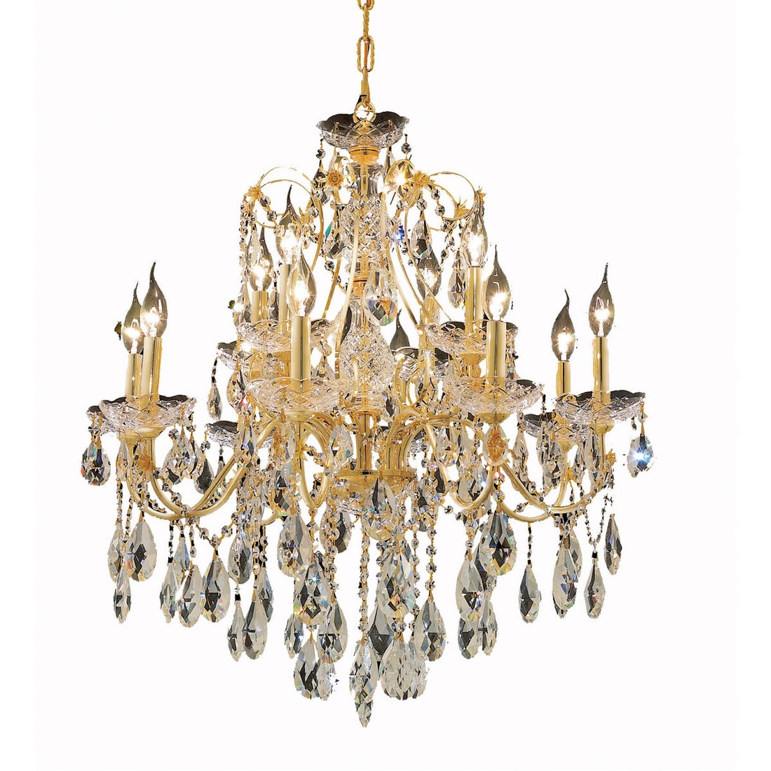 St Francis 12 Light Gold Crystal Chandelier 28 Inch: St Francis 12 Light Gold Crystal Chandelier 28 Inch This modern 12-light chandelier features a striking combination of clear crystal glass and gold metal with elegant teardrop crystals. Designed in a 