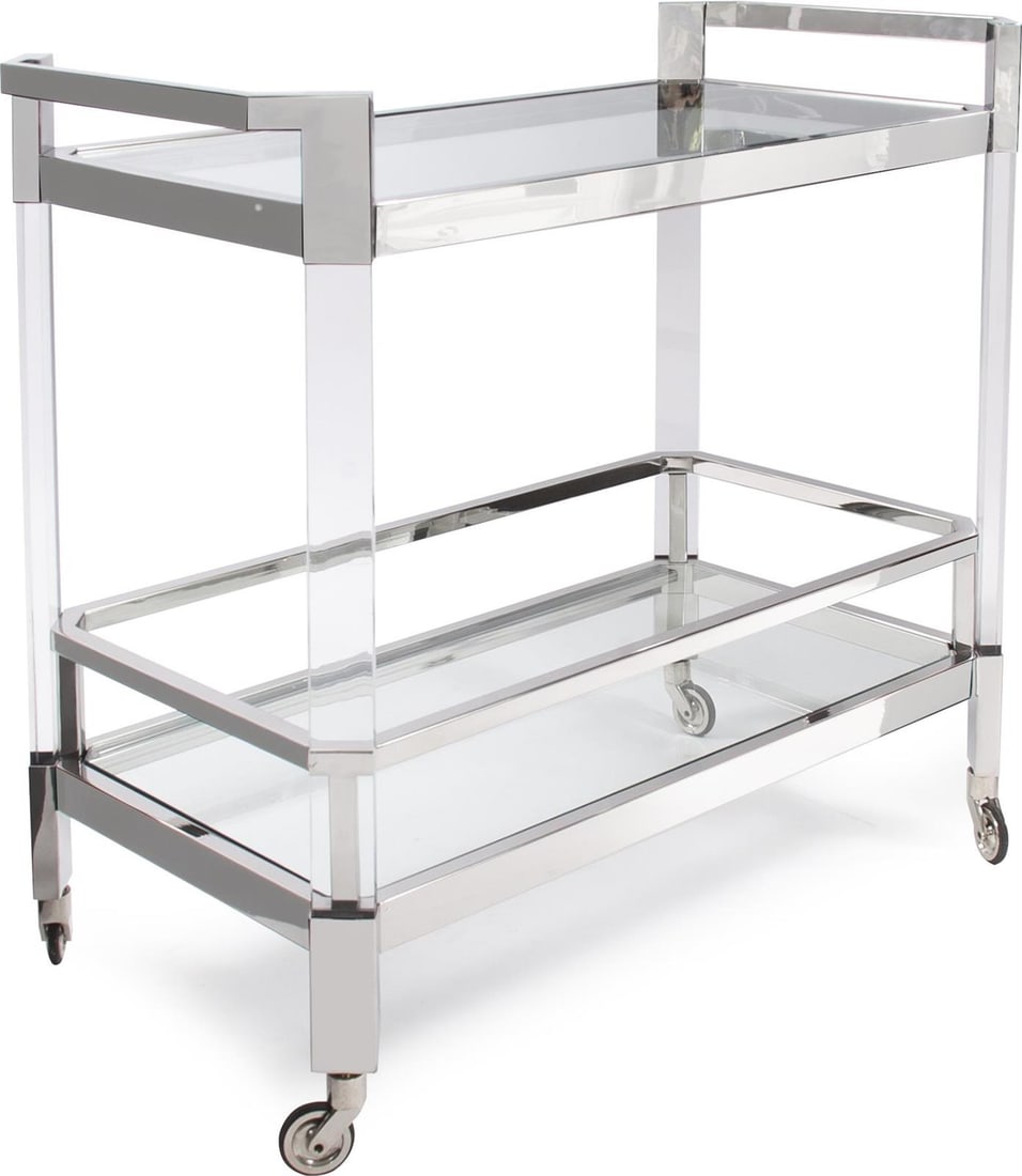 Polished Silver Bar Cart with Glass Shelves and Acrylic Frame: Polished Silver Bar Cart with Glass Shelves and Acrylic Frame This un-used bar cart features a sleek design with polished silver finish accents, glass shelves, and sturdy acrylic legs. Its rectangular