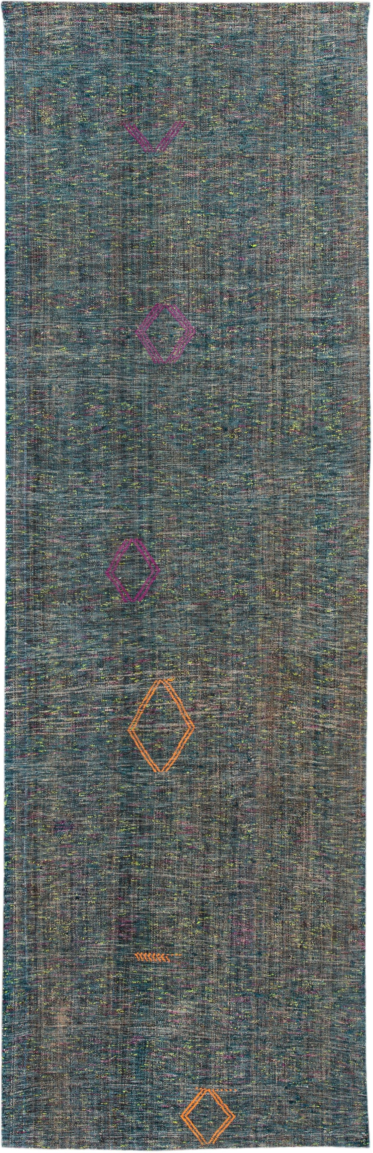 Mid 20th Century Vintage Wool Flatweave Runner Rug 3'6 x 11'2 Green Motif: Mid 20th Century Vintage Wool Flatweave Runner Rug 3'6 x 11'2 Green Motif Enhance your living space with this exquisite mid-20th century vintage flatweave runner rug, showcasing a stunning all-over gr