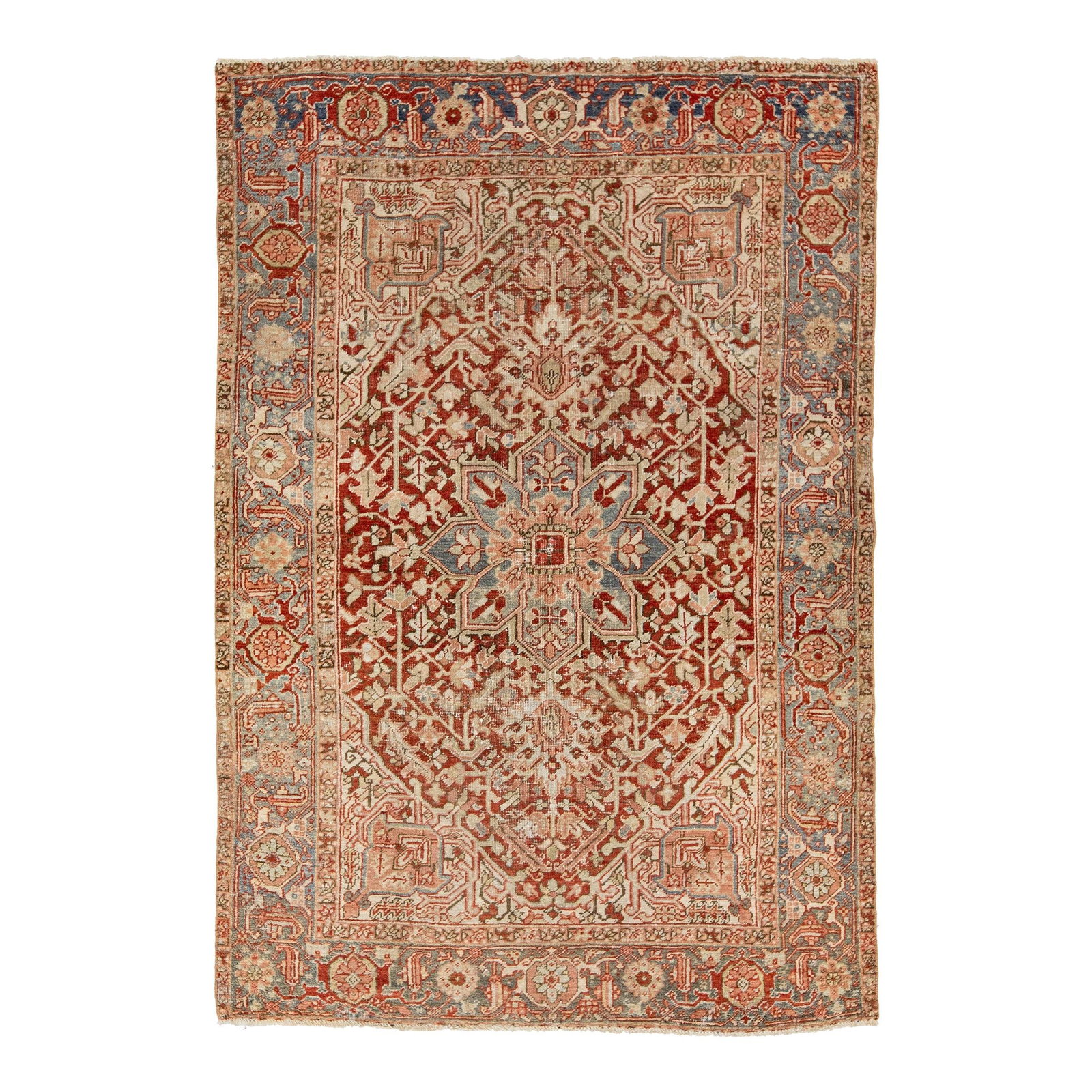 Vintage Persian Heriz Wool Rug 5'x7' Red Medallion Design: Vintage Persian Heriz Wool Rug 5'x7' Red Medallion Design Enhance your living space with this exquisite hand-knotted Vintage Persian Heriz wool rug. Featuring a rich red field adorned with intricate b