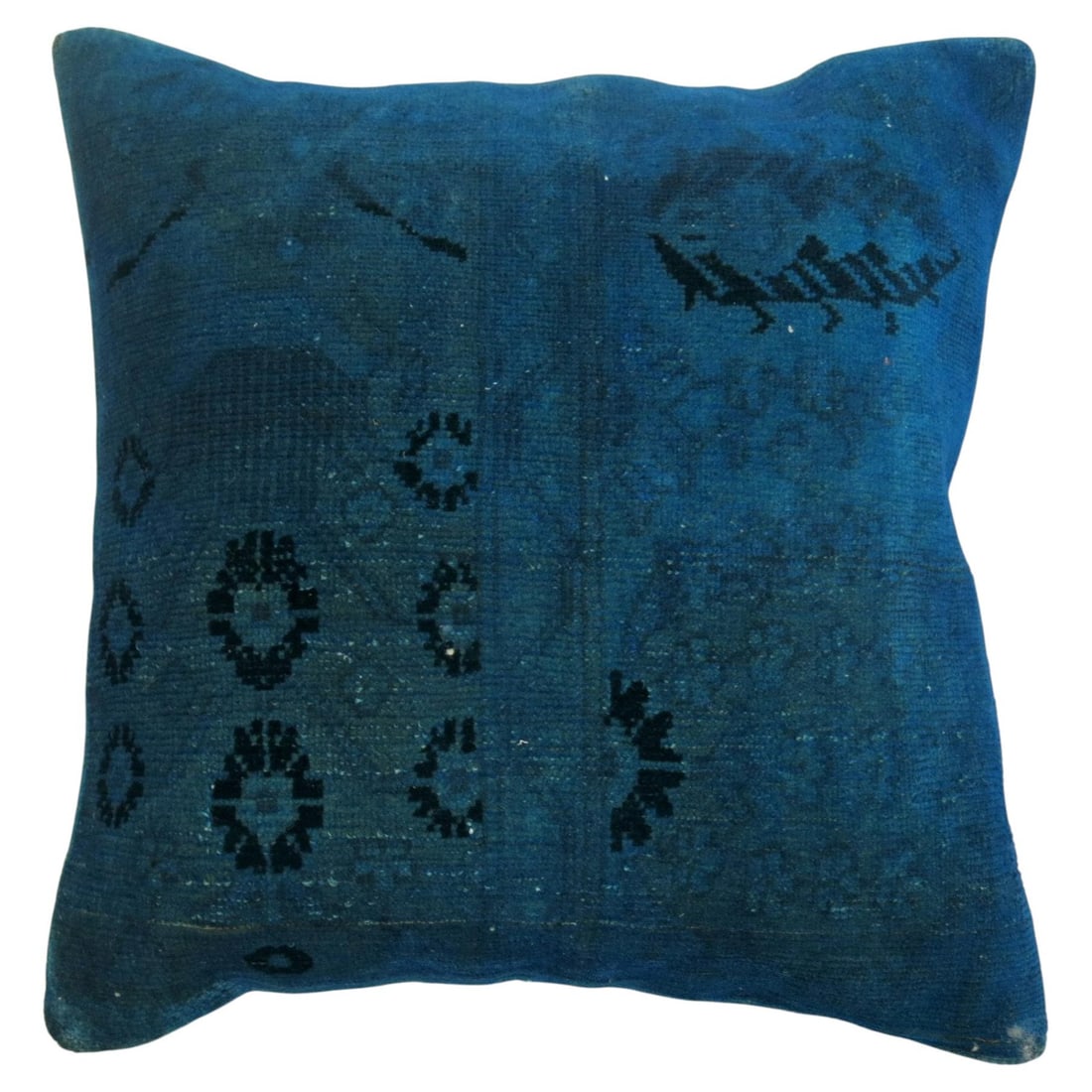 Blue Overdyed Pillow Crafted From Vintage Turkish Rug: Blue Overdyed Pillow Crafted From Vintage Turkish Rug This pillow features a minimalist style and is crafted from a mid-20th-century Turkish rug. It is overdyed in blue and finished with a cotton back