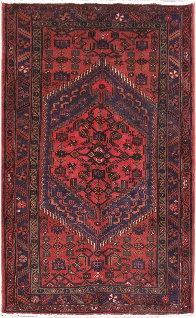 4'2" x 6'8" Hand-Knotted Red Persian Hamadan Area Rug: 4'2" x 6'8" Hand-Knotted Red Persian Hamadan Area Rug Free continental US Shipping Enhance your home with the striking 4' x 7' Red Persian Hamadan Rug, a timeless piece that brings classic Persian ele