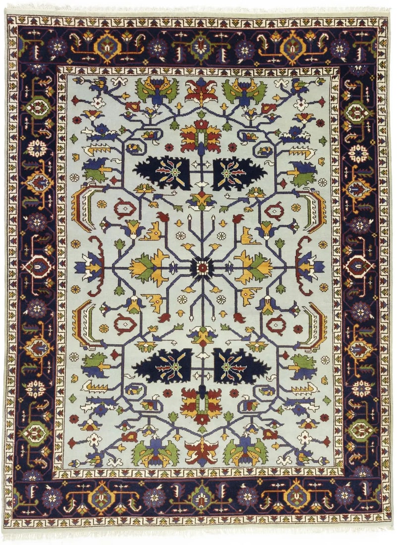 9x12 Hand-Knotted Wool Floral Rug in Light Gray Modern Oriental Design: 9x12 Hand-Knotted Wool Floral Rug in Light Gray Modern Oriental Design This hand-knotted area rug features a light gray background with an intricate floral pattern in dark purple-navy, cream, brown, r