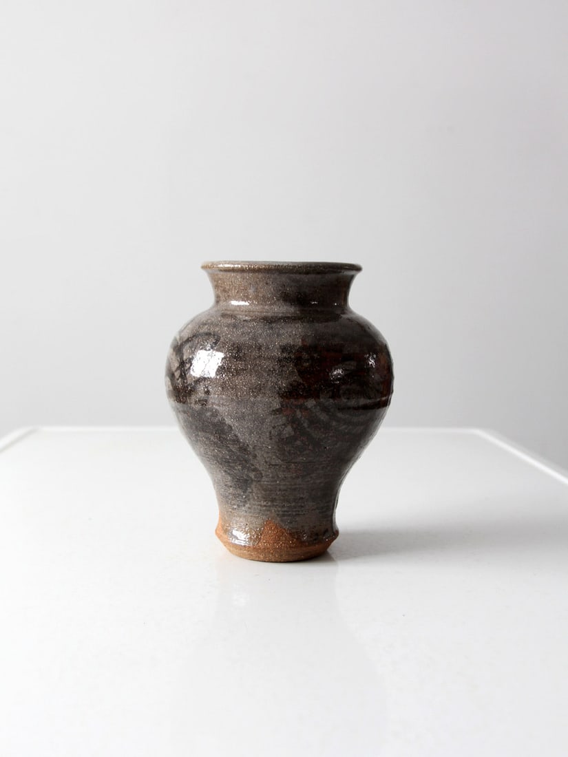 Signed Vintage Studio Pottery Vase Circa 1975 Gray Glaze Abstract Design (1 of 9)