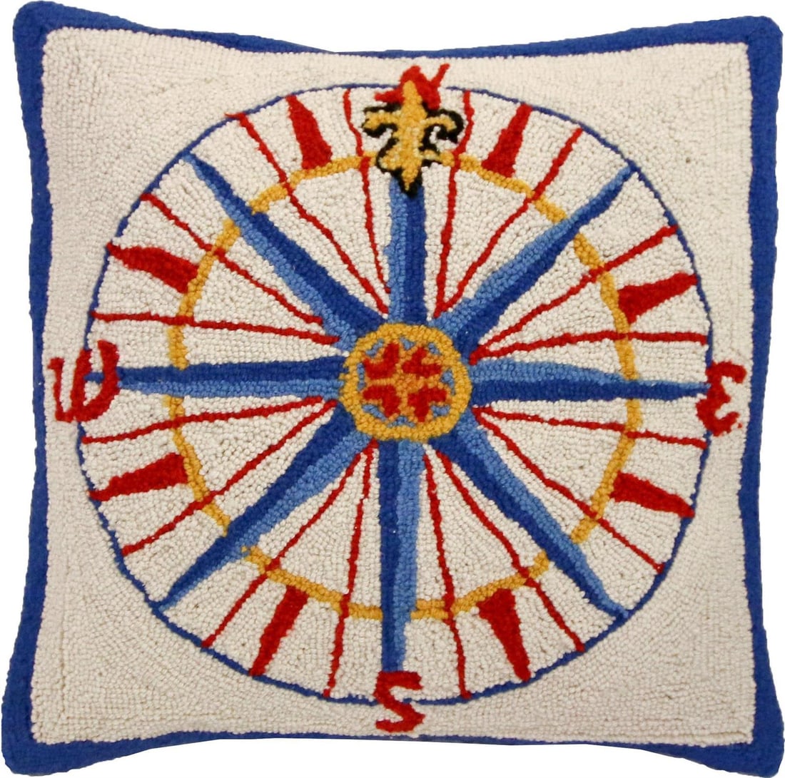 Nautical Hand-Hooked Compass Rose Cushion 20x20 Wool Velvet (1 of 1)