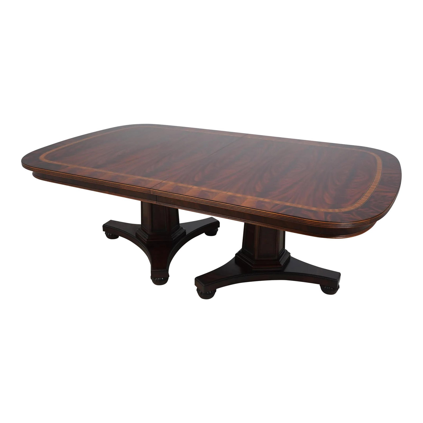Henredon Empire Style Mahogany Dining Table with 2 Leaves: Henredon Empire Style Mahogany Dining Table with 2 Leaves This stunning Henredon Flame Mahogany Top Dining Room Table showcases exquisite craftsmanship and timeless design. Featuring a gorgeous figura