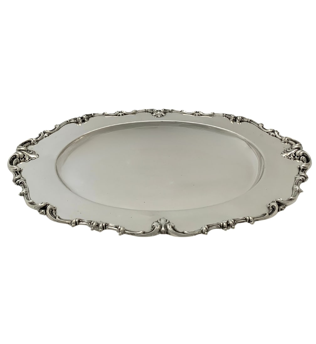 Antique Frank M. Whiting 925 Sterling Silver Oval Tray Handmade Foliate Scroll Design: Antique Frank M. Whiting 925 Sterling Silver Oval Tray Handmade Foliate Scroll Design This exquisite antique oval tray is crafted from 925 sterling silver, showcasing intricate handmade foliate scroll