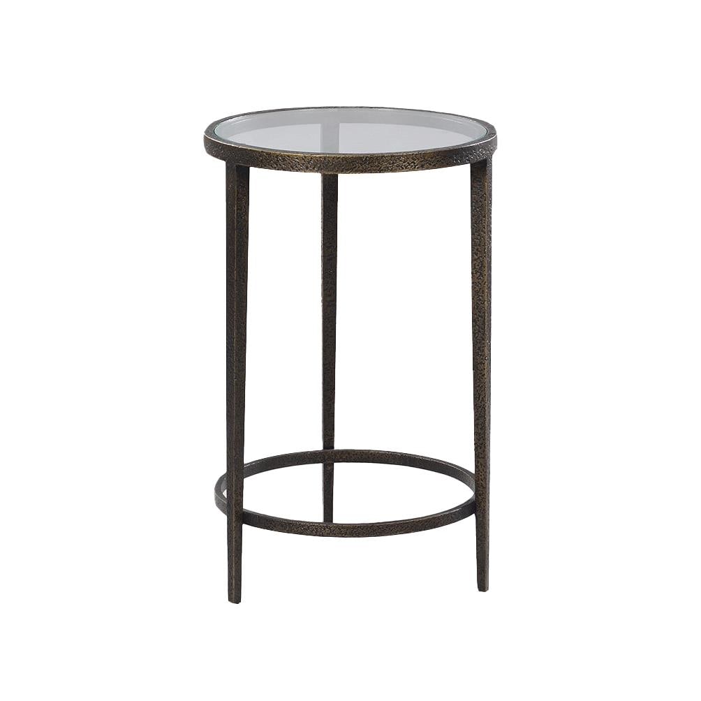 Oliver Home Hammered Bronze Round Accent Table with Glass Top: Oliver Home Hammered Bronze Round Accent Table with Glass Top Elevate your living space with the Sophisticated Bronze Hammered Spot Table. This stylish accent table features a round design with tapere