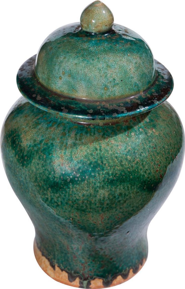 Hand-Crafted Speckled Green Ceramic Temple Jar 11.5H Asian Antique Style (1 of 4)