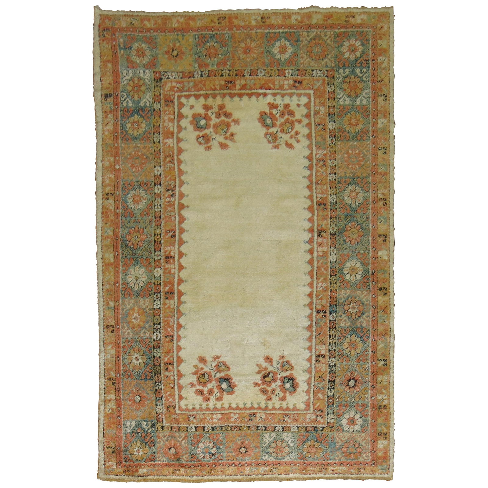 Antique 19th Century Ivory Angora Wool Turkish Oushak Rug: Antique 19th Century Ivory Angora Wool Turkish Oushak Rug Discover the elegance of this early 20th century Turkish Oushak rug, meticulously hand-woven from luxurious Angora wool. Featuring a soft ivor