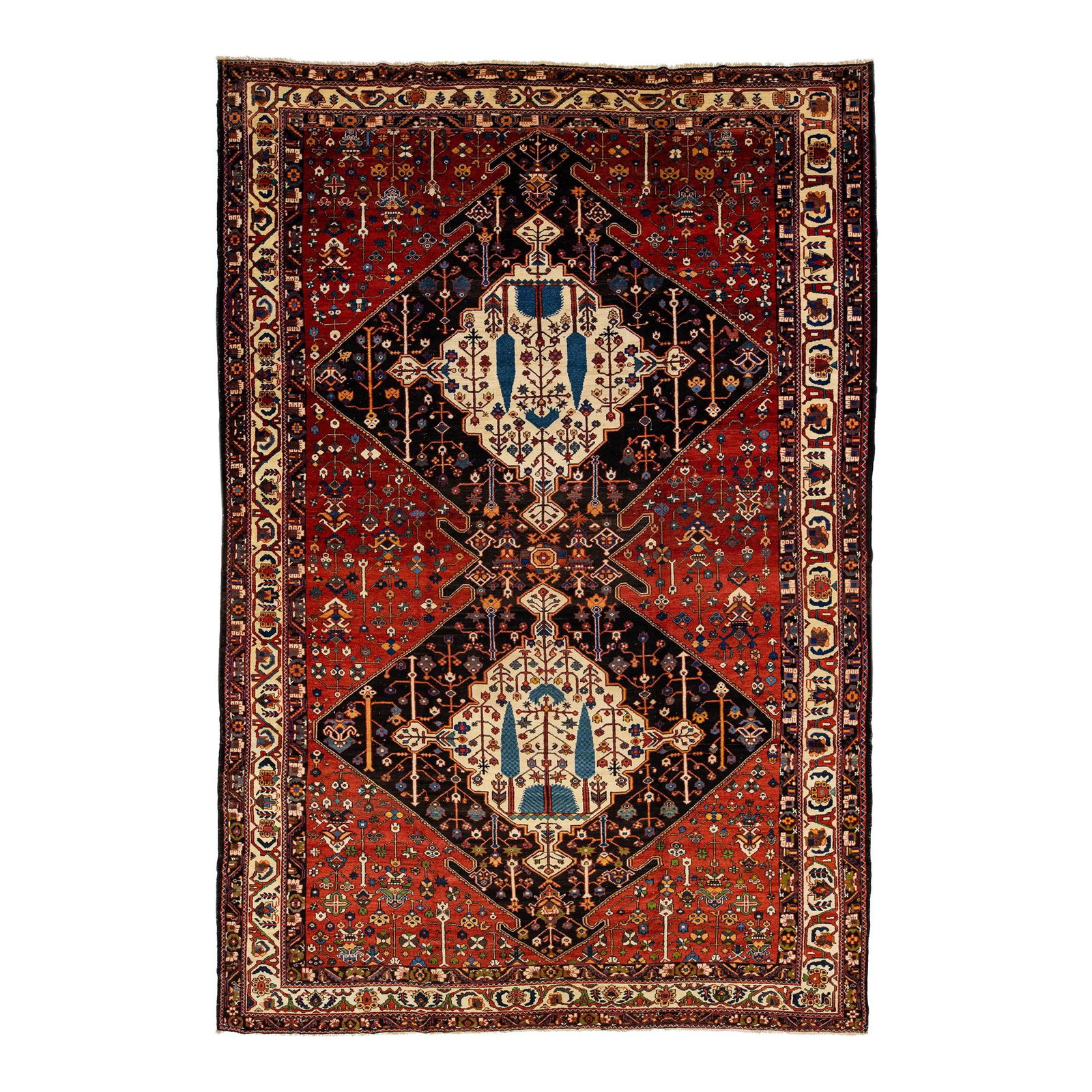 1900s Red Bakhtiari Handmade Wool Rug Tribal Design 11'3 x 17': 1900s Red Bakhtiari Handmade Wool Rug Tribal Design 11'3 x 17' Experience the artistry of a classic tribal design with this exquisite Bakhtiari hand-knotted wool rug. Crafted with precision, it featur