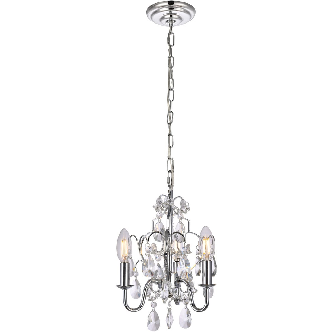 Living District Kaede 3-Light Chrome Crystal Pendant: Living District Kaede 3-Light Chrome Crystal Pendant This pre-owned Kaede 3-light pendant chandelier features a shabby and chic design with a chrome finish and royal cut clear crystals. The fixture is