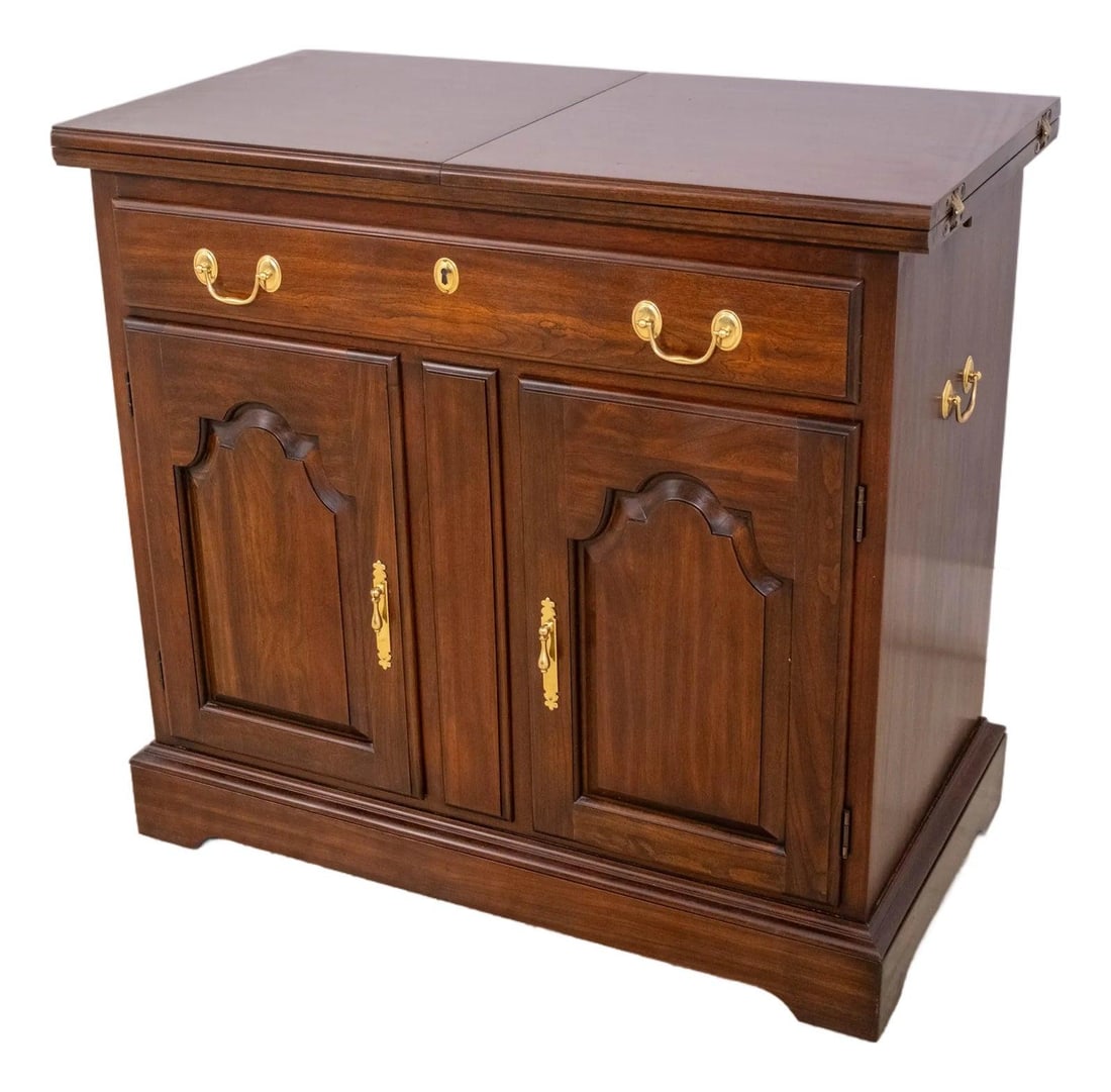 Harden Cherry Wood Flip Top Server Cabinet with Brass Hardware: Harden Cherry Wood Flip Top Server Cabinet with Brass Hardware This Harden Cherry Flip Top Server Cabinet is a timeless piece, crafted from solid cherry wood, featuring dovetailed drawer construction 