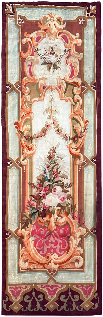 French Aubusson Floral Vase Tapestry Runner 3x9 Circa 1880 (1 of 9)