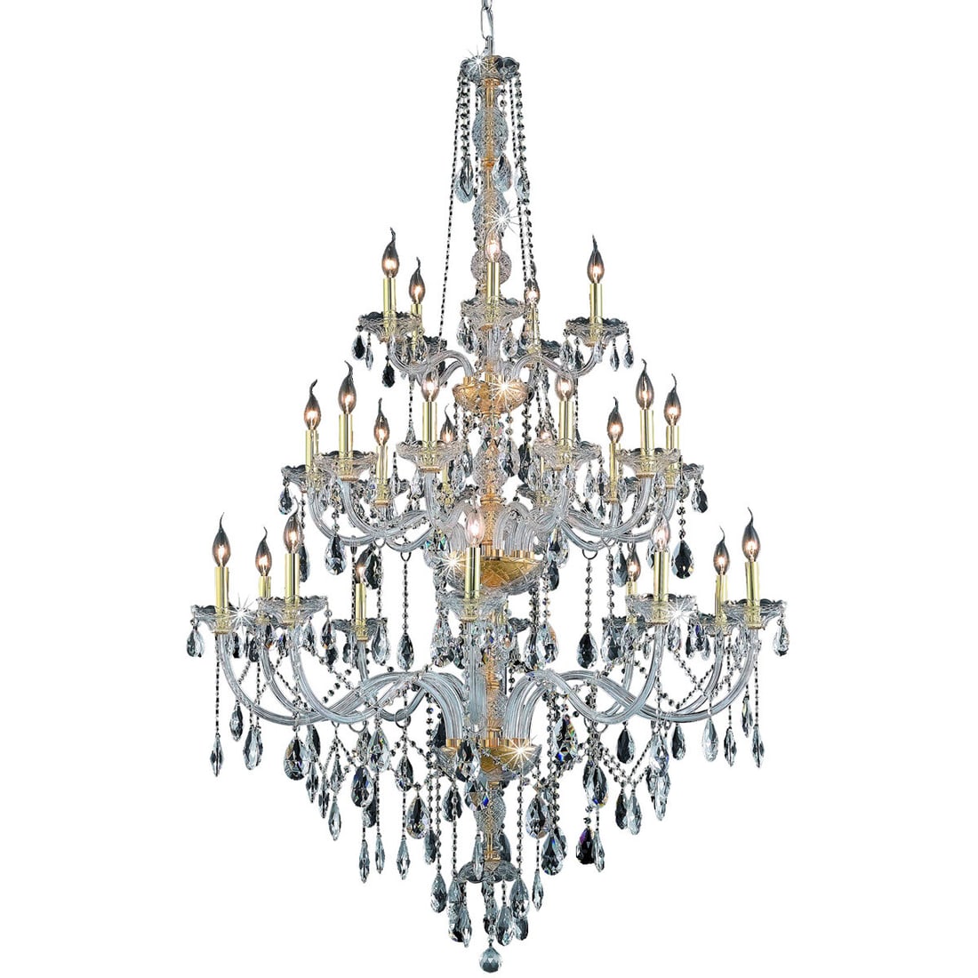 Verona 25-Light Gold Crystal Hanging Fixture 43in x 68in: Verona 25-Light Gold Crystal Hanging Fixture 43in x 68in This large, modern chandelier features a gold-finished frame adorned with teardrop-shaped royal cut crystals, designed in the Venetian or Muran