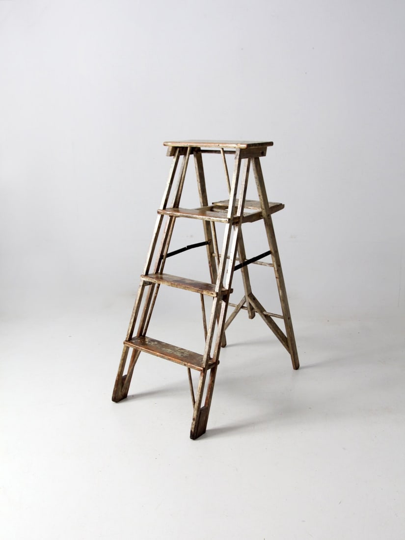 Four Rung Antique Wood Folding Ladder Cream Paint (1 of 12)