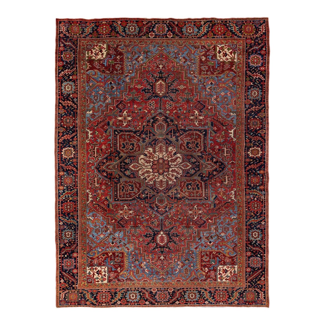 Antique Persian Heriz Handmade Wool Rug Red Medallion Design 9'5 x 12'7: Antique Persian Heriz Handmade Wool Rug Red Medallion Design 9'5 x 12'7 This stunning antique Heriz hand-knotted wool rug features a vibrant red field and a striking navy-blue frame, adorned with mult