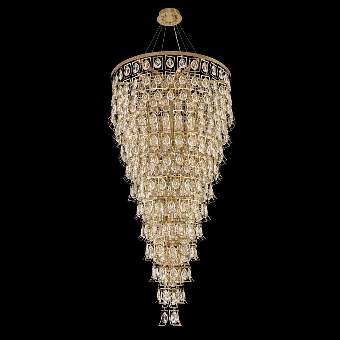 Kalco Carmella 70in Brushed Brass Foyer Chandelier with Firenze Crystal: Kalco Carmella 70in Brushed Brass Foyer Chandelier with Firenze Crystal Illuminate your space with the Elegant Brushed Brass Carmella Light, a stunning fixture that combines antique charm with modern 