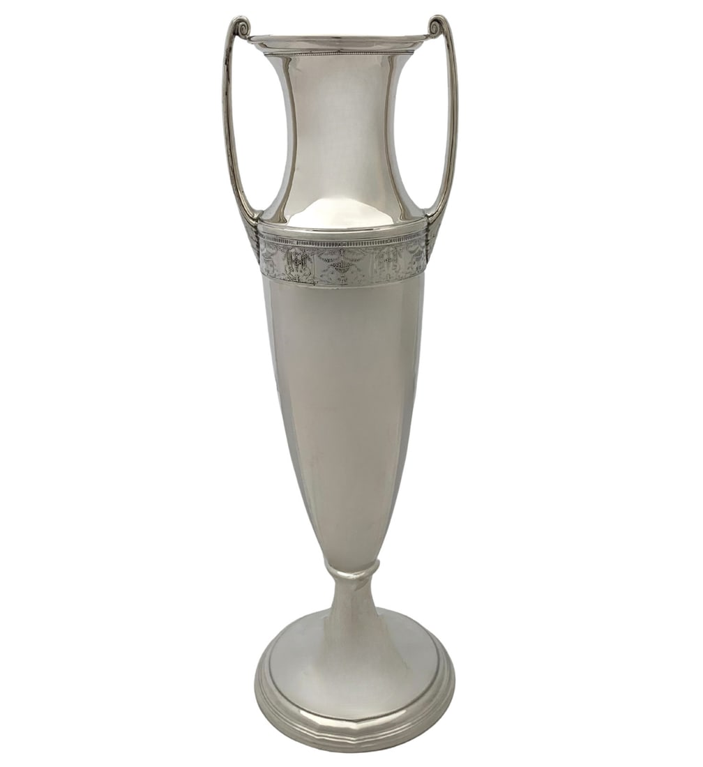 Antique 17 Inch Handmade 925 Sterling Silver Flower Vase: Antique 17 Inch Handmade 925 Sterling Silver Flower Vase This exquisite antique flower vase is crafted from 925 sterling silver, showcasing a handmade, elegant design with ornate detailing. The vase f