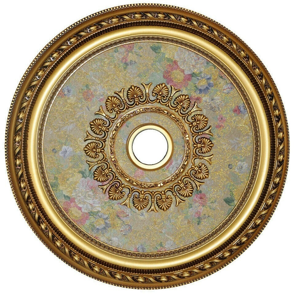 Artistry Antique Gold Floral Ceiling Medallion 32 Round: Artistry Antique Gold Floral Ceiling Medallion 32 Round This 32-inch round chandelier ceiling medallion features an antique French floral design with gracefully flowing leaves and beaded borders, offe