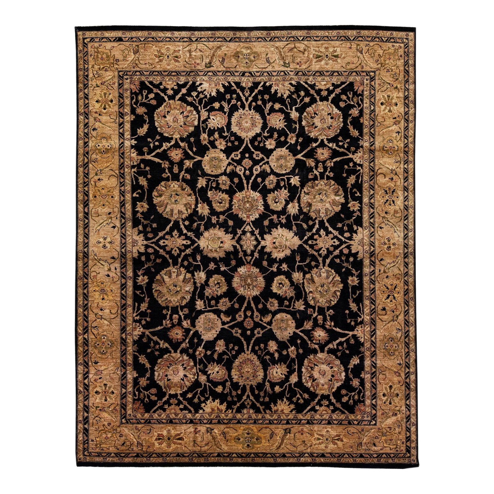 Peshawar Handmade Wool Rug Black Floral Design 11'7" x 14'8": Peshawar Handmade Wool Rug Black Floral Design 11'7" x 14'8" This exquisite 21st Century Peshawar handmade wool rug features a striking black field complemented by a rich brown frame. Adorned with int