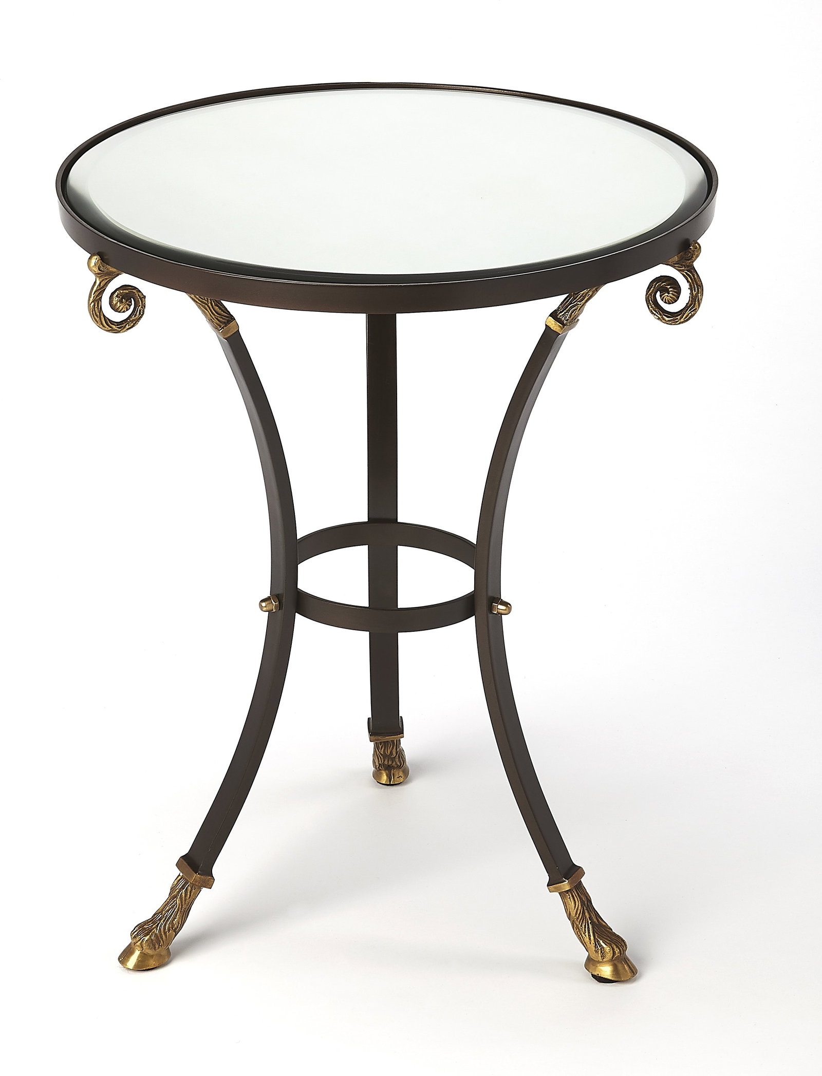 Butler Antique Style Round Bronze Accent Table Metalworks: Butler Antique Style Round Bronze Accent Table Metalworks This elegant round accent table features an antique or vintage style, adding a touch of sophistication to any room. Constructed from a blend o