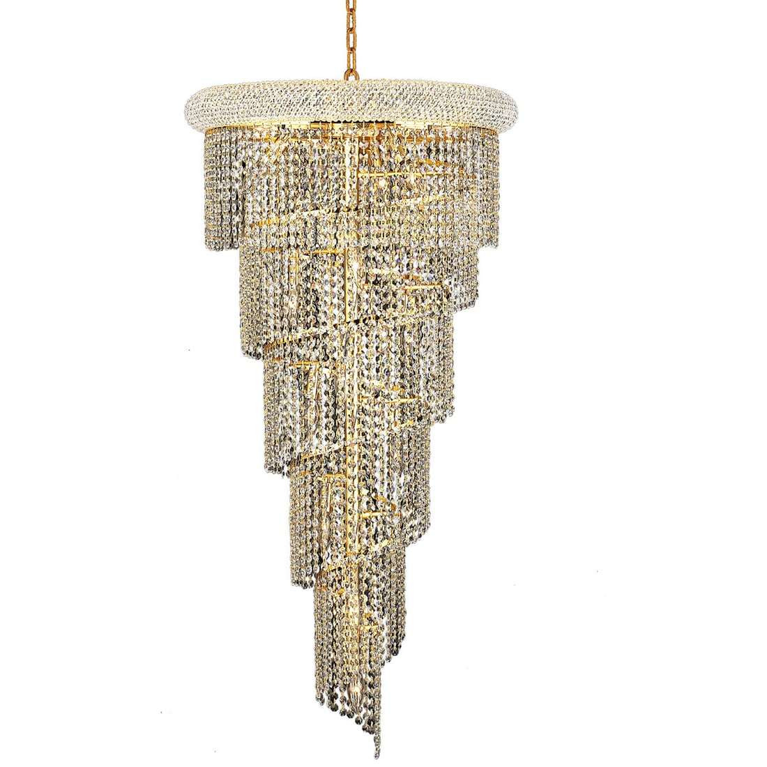 Spiral Crystal Gold Chandelier 18-Light 22in x 48in: Spiral Crystal Gold Chandelier 18-Light 22in x 48in This large spiral crystal chandelier features a modern gold finish and is designed to make a statement in entryways, foyers, dining rooms, and other