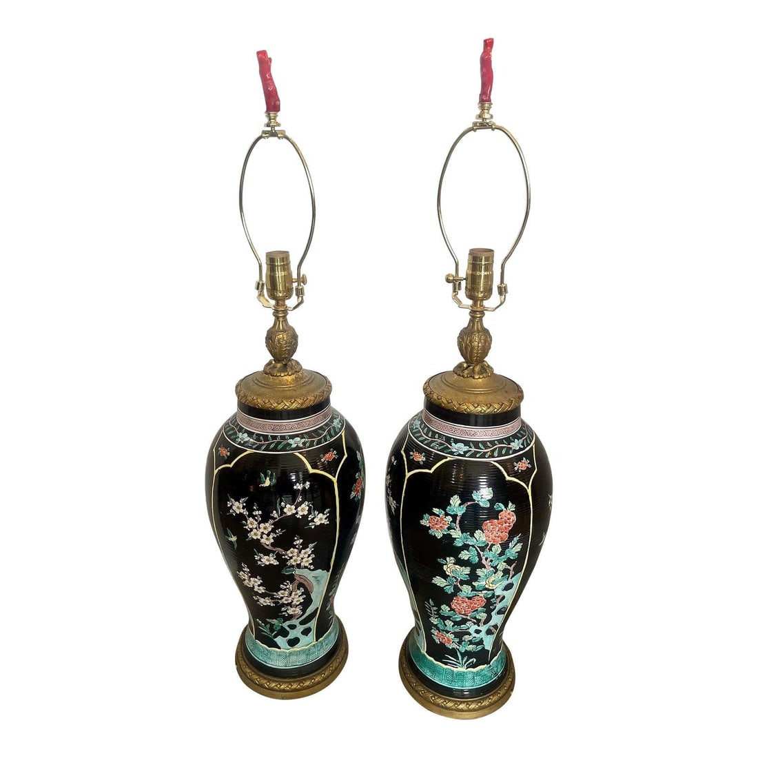 Chinoiserie Floral Table Lamps Pair with Dore Bronze Mounts (1 of 10)