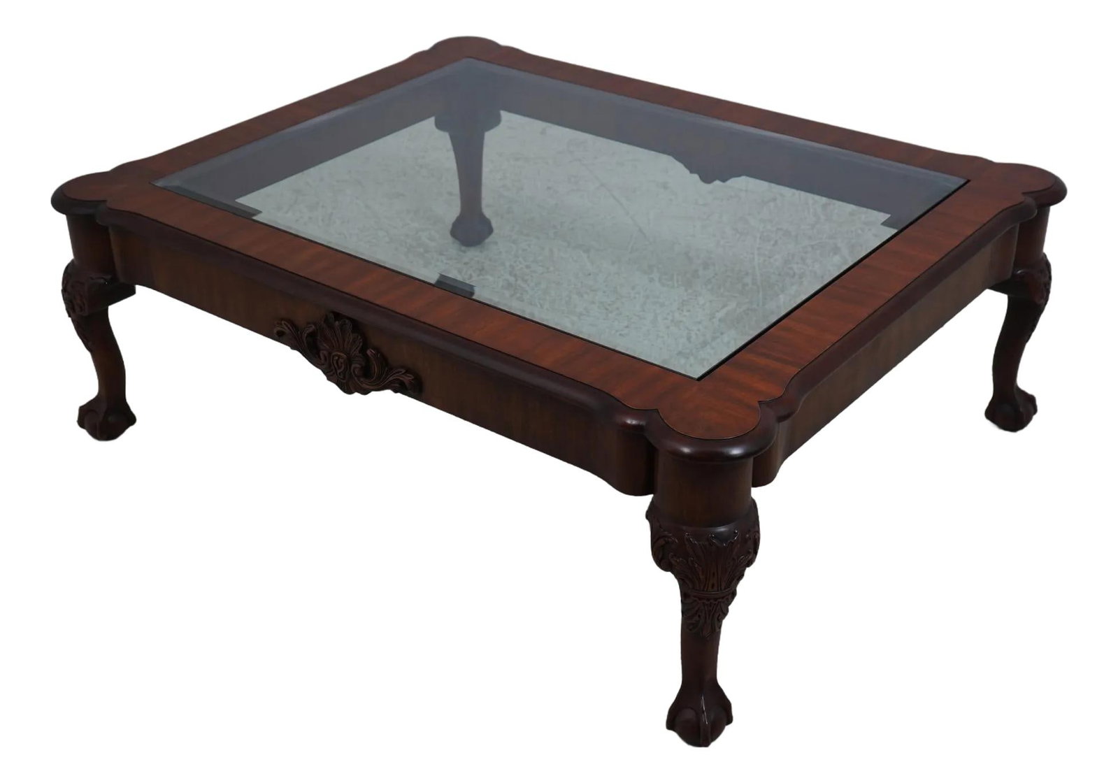 Henkel Harris Chippendale Mahogany Coffee Table with Beveled Glass Top: Henkel Harris Chippendale Mahogany Coffee Table with Beveled Glass Top This exquisite Henkel Harris Ball & Claw Mahogany Coffee Table, crafted around 1998, showcases a stunning beveled glass top and f