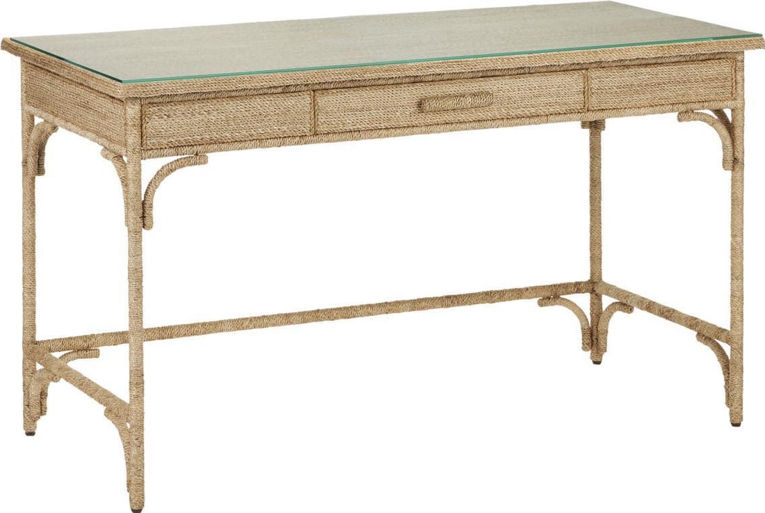 Currey Olisa Coastal Rope Desk with Brown Carafe Finish: Currey Olisa Coastal Rope Desk with Brown Carafe Finish Introducing the Olisa Rope Desk, a stunning blend of artisanal craftsmanship and coastal elegance, perfect for any office setting. This desk sho