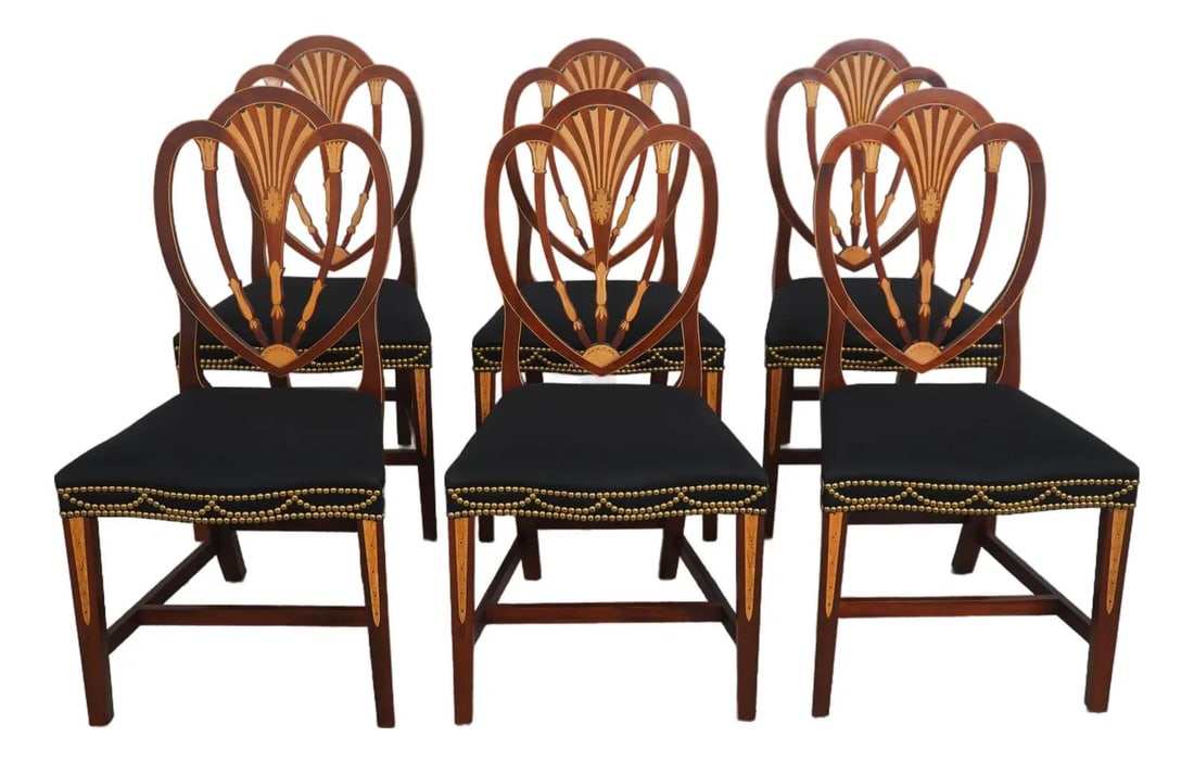 Set of 6 Baker Hepplewhite Mahogany Dining Chairs with Upholstered Seats: Set of 6 Baker Hepplewhite Mahogany Dining Chairs with Upholstered Seats This exquisite set of 6 Baker Inlaid Mahogany Norfolk Hepplewhite Dining Room Chairs showcases a timeless design, perfect for a