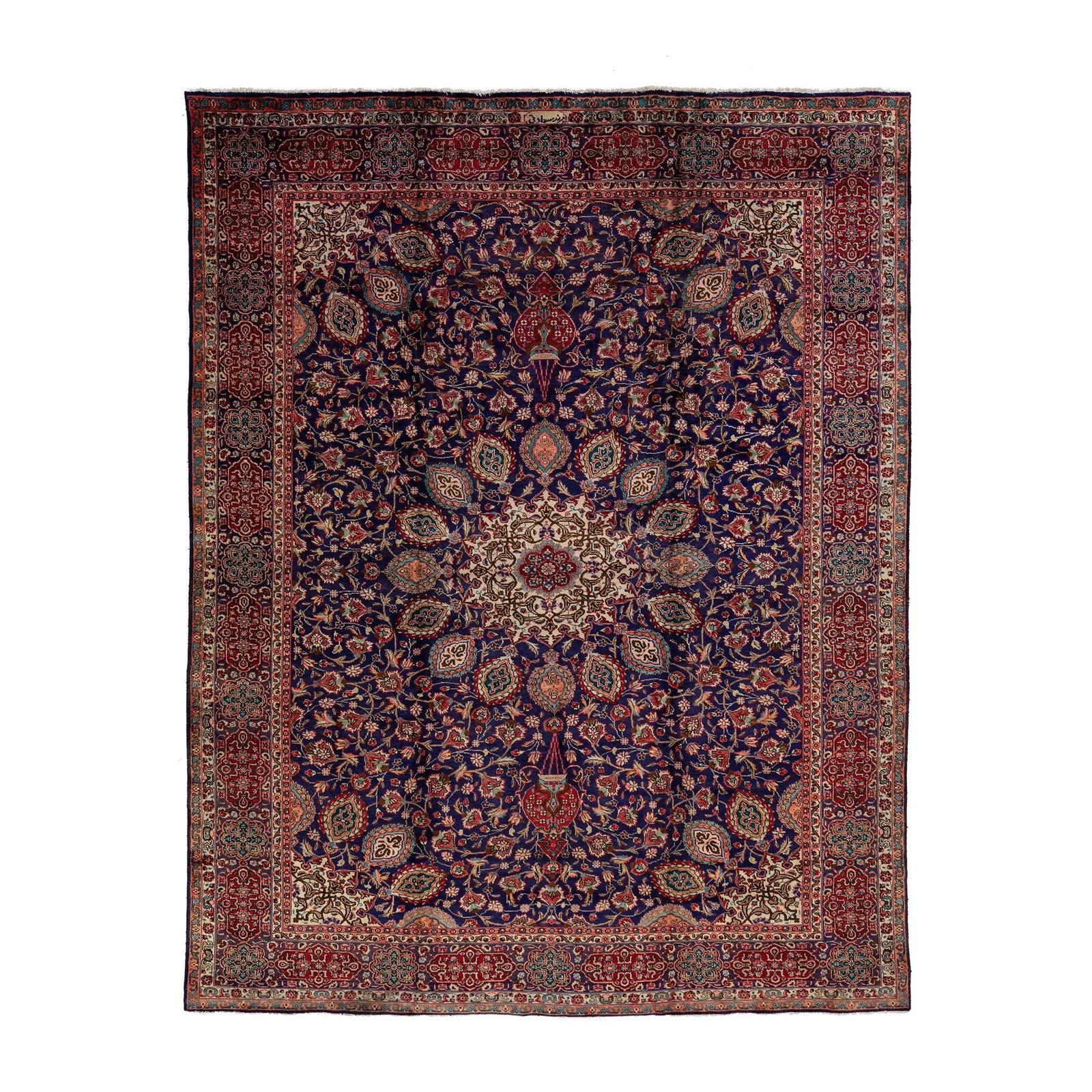 Vintage Blue Persian Tabriz Wool Rug 9'8 x 12'4 Rosette Motif: Vintage Blue Persian Tabriz Wool Rug 9'8 x 12'4 Rosette Motif This exquisite Vintage Tabriz Persian rug features a rich navy blue field adorned with a striking rosette motif, complemented by accents o