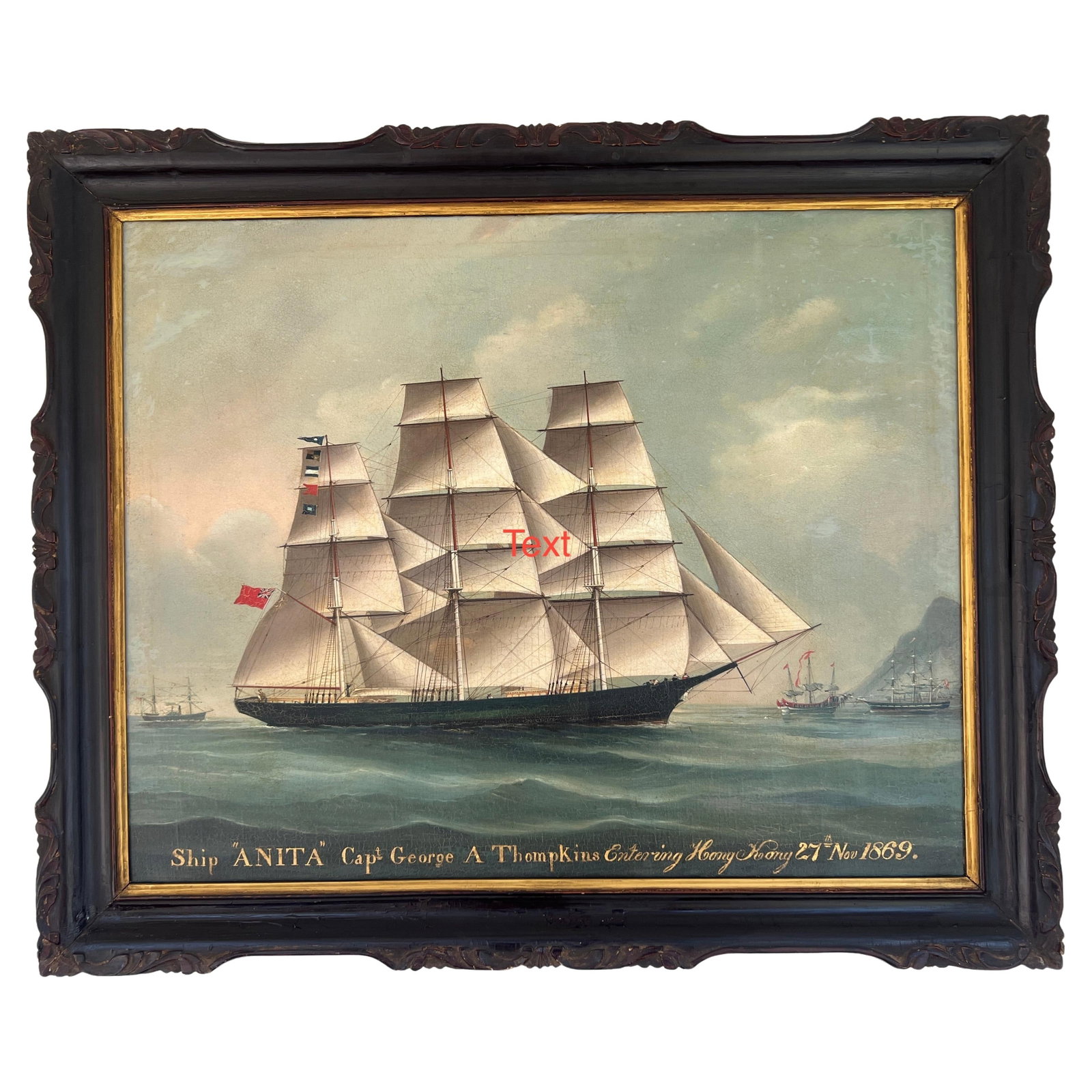 Hin Qua Chinese Export Anita Ship Painting 1869 Oil on Canvas: Hin Qua Chinese Export Anita Ship Painting 1869 Oil on Canvas This exquisite oil on canvas painting, attributed to the renowned 19th-century Chinese artist Hin Qua, depicts the maritime clipper ship "