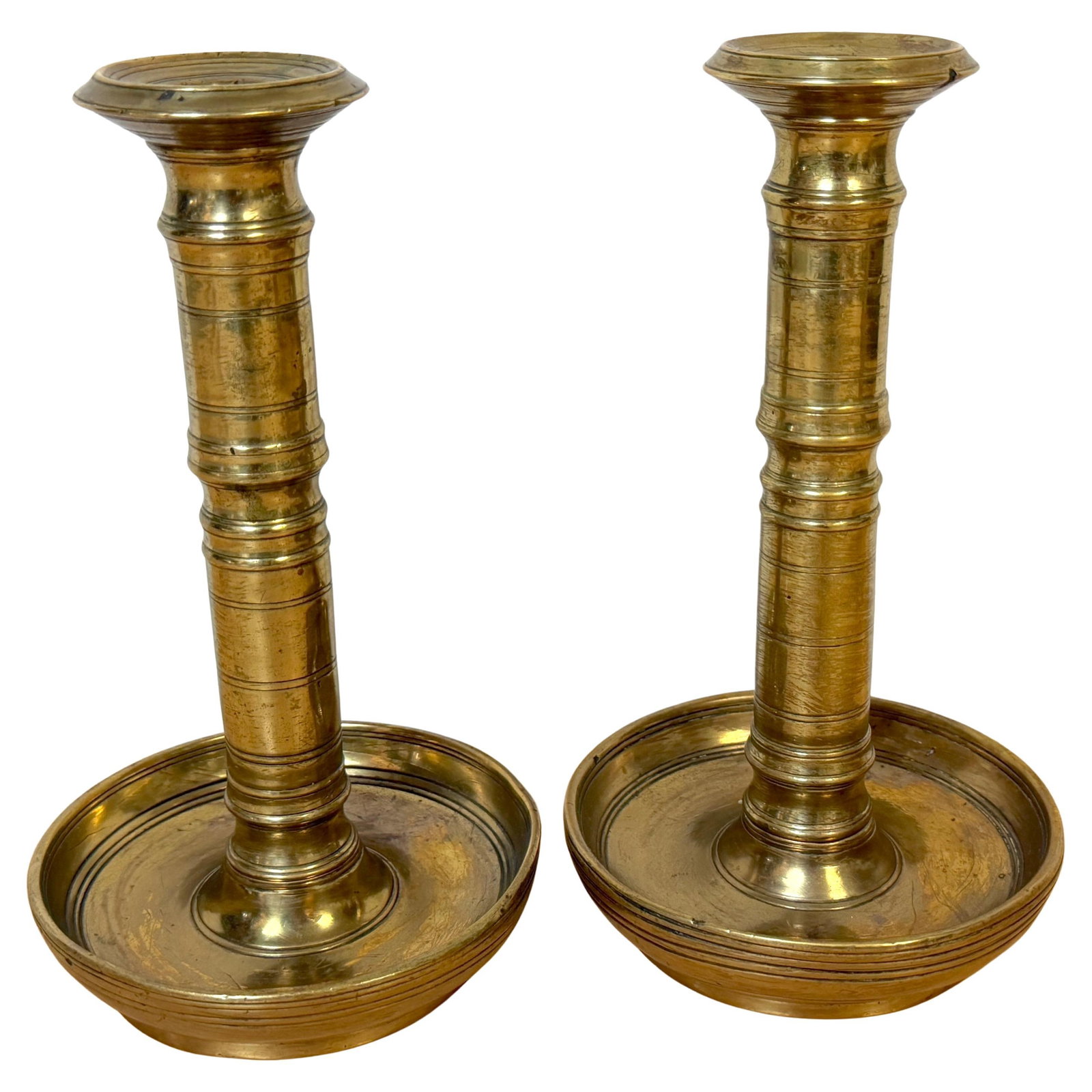 Set of 2 Russian Empire Brass Candlesticks With Drip Basins circa 1790-1835 (1 of 13)