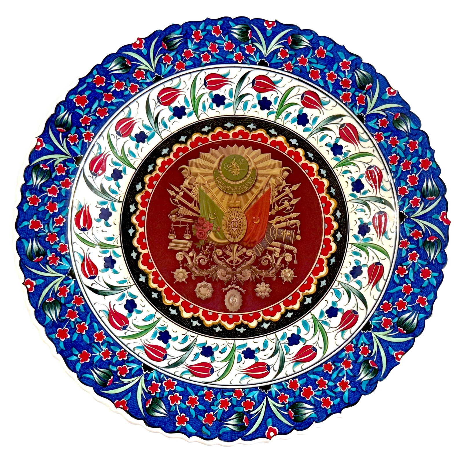 Large Iznik Armorial Crest Charger Special Order by Elfide: Large Iznik Armorial Crest Charger Special Order by Elfide This stunning Large Iznik Armorial Crest of the 'Chambers of Deputies' Charger is a special order piece, exemplifying Neoclassical design. Cr