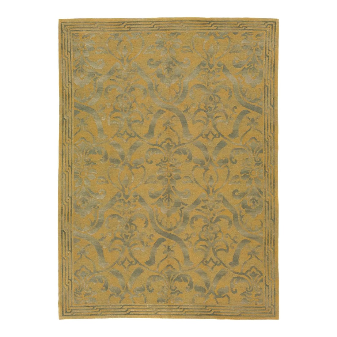 8'10 x 12'2 Wool Needlepoint Floral Vine Rug Green Gold: 8'10 x 12'2 Wool Needlepoint Floral Vine Rug Green Gold This handmade needlepoint rug features a classical floral and vine motif in muted green and gold tones. Expertly hand-stitched with fine detail,