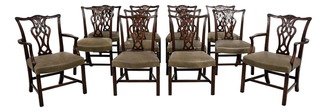 Set of 12 Mahogany Chippendale Dining Chairs with Leather Seats (1 of 10)