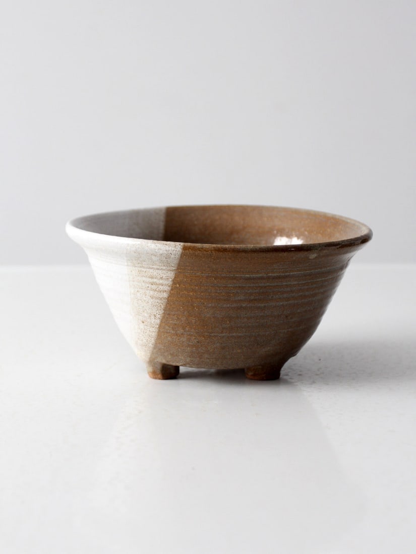 Handmade Vintage Studio Pottery Footed Colander Bowl Brown White Glaze (1 of 13)