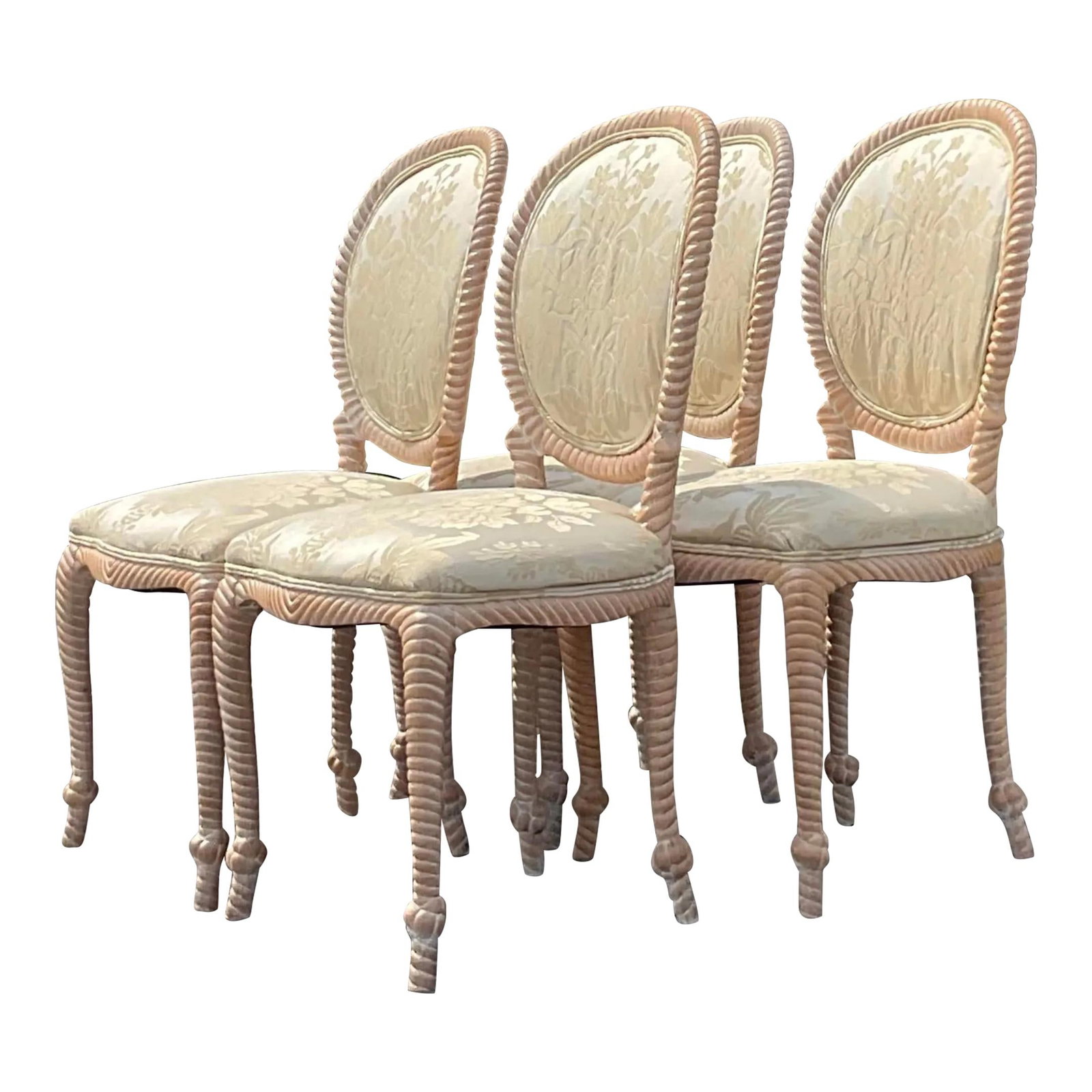 Set of 4 Vintage Coastal Carved Rope Dining Chairs: Set of 4 Vintage Coastal Carved Rope Dining Chairs Enhance your dining area with this exquisite set of 4 vintage carved rope dining chairs, showcasing a beautiful coastal design. Each chair is