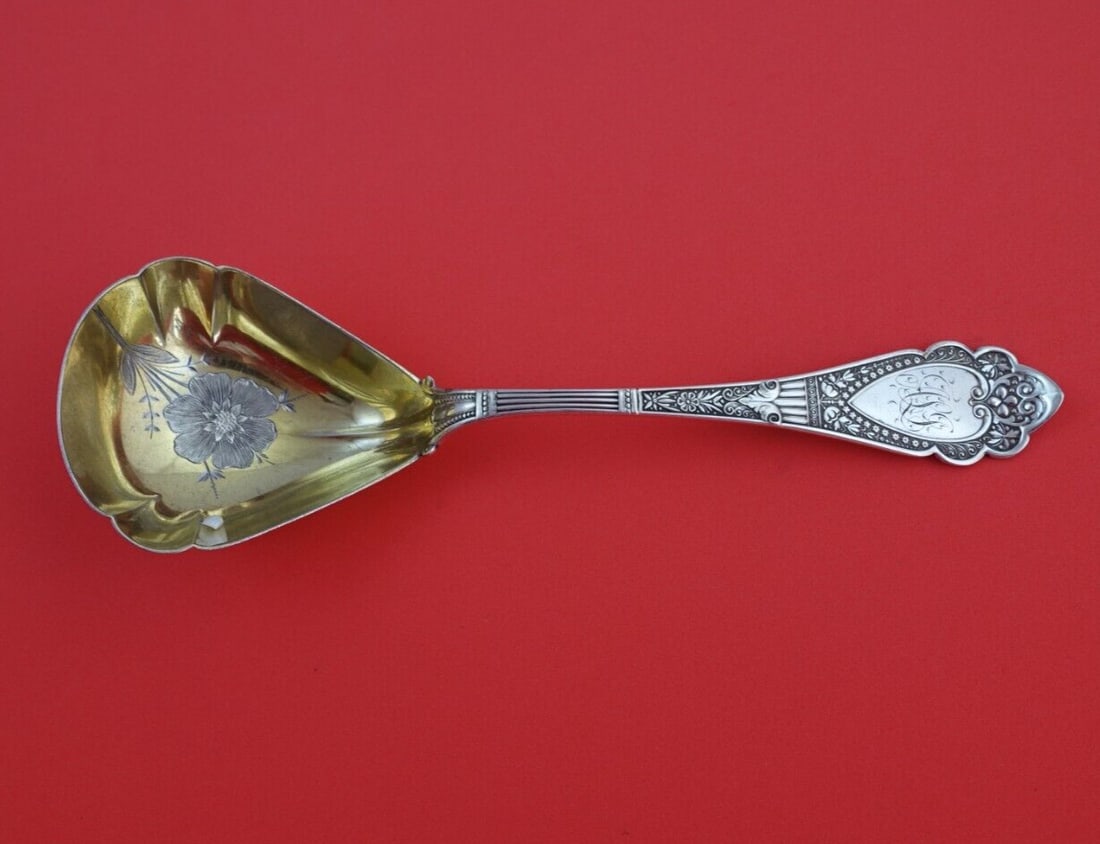 Wood and Hughes Murillo Sterling Silver Berry Spoon 8 5/8" with Gold Wash and Flowers: Wood and Hughes Murillo Sterling Silver Berry Spoon 8 5/8" with Gold Wash and Flowers This exquisite serving spoon features the Murillo pattern by Wood and Hughes, crafted from sterling silver