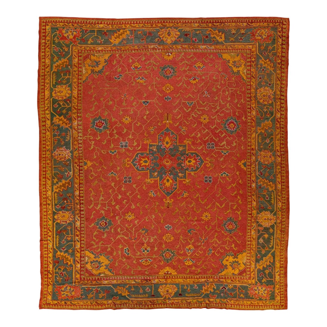Vintage Red Turkish Oushak Hand-Knotted Wool Rug 12'2 x 14'1: Vintage Red Turkish Oushak Hand-Knotted Wool Rug 12'2 x 14'1 Discover the beauty of this vintage Turkish hand-knotted wool rug, featuring a vibrant red field. The exquisite design is framed by a gray 