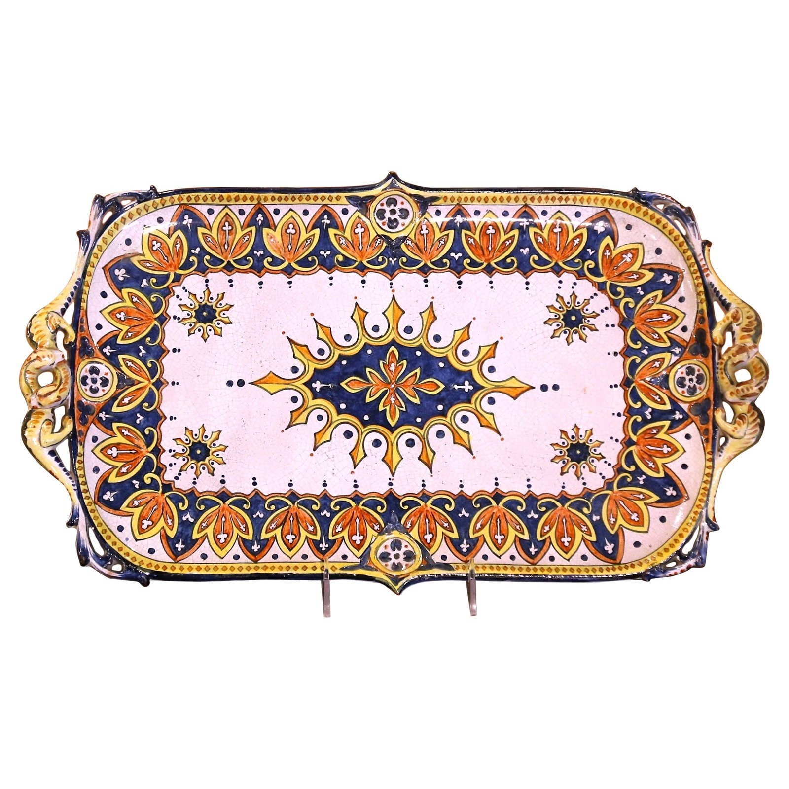 Antique French Faience Serving Tray Rouen Hand Painted 1930s: Antique French Faience Serving Tray Rouen Hand Painted 1930s Enhance your dining experience with this stunning Early 20th Century French Hand Painted Faience Serving Tray from Rouen. Crafted circa 193