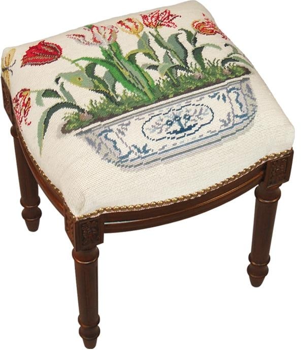 Hand-Embroidered Tulip Vanity Stool English Traditional Style (1 of 1)
