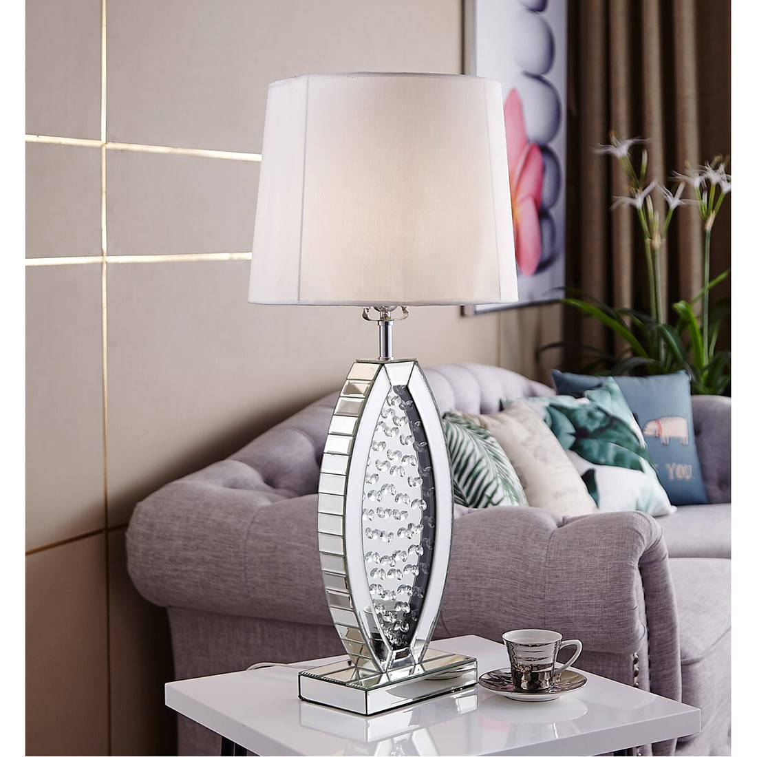 Sparkle mirrored crystal table lamp with white shade (1 of 2)